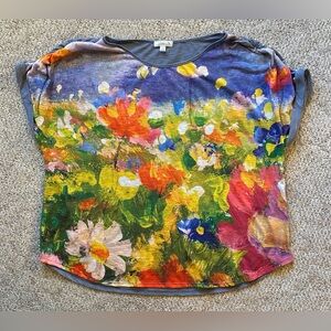 Jillian N Colorful Art-Inspired Floral Print Short-Sleeved Top, Women’s Size 2X